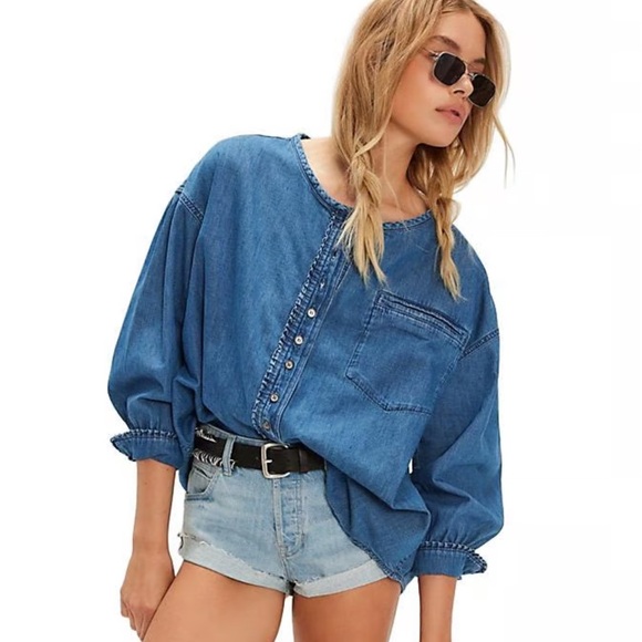 We The Free | Free People | Denim Chambray Henley Top Western Boho Casual - Picture 1 of 7